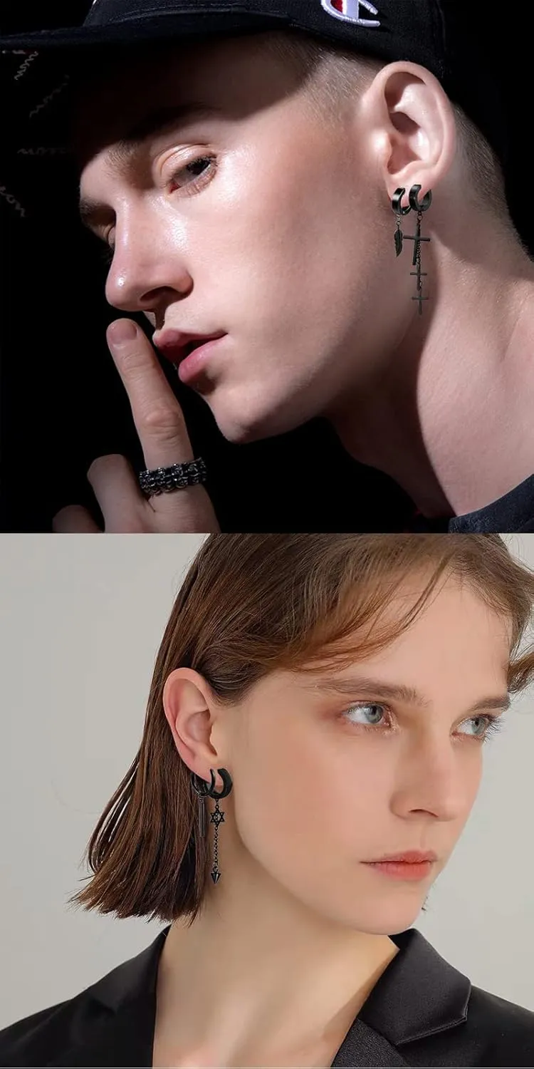 5 Pairs Black Stainless Steel Non-Piercing Spike Rivet Cross Dangle Tassel Clip on Hoop Earrings Set for Women Men Boy Girl, Non Pierced Fake Ear Clip Stud Earrings