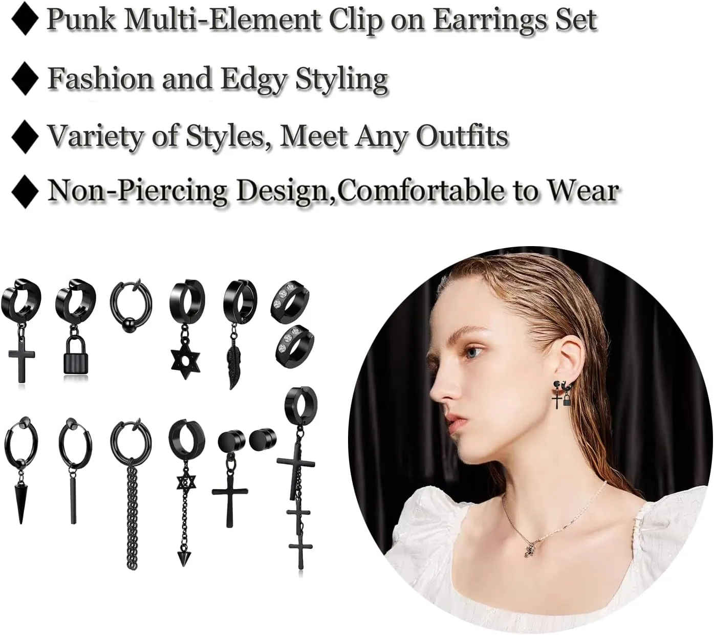 5 Pairs Black Stainless Steel Non-Piercing Spike Rivet Cross Dangle Tassel Clip on Hoop Earrings Set for Women Men Boy Girl, Non Pierced Fake Ear Clip Stud Earrings