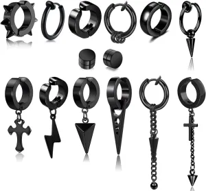 5 Pairs Black Stainless Steel Non-Piercing Spike Rivet Cross Dangle Tassel Clip on Hoop Earrings Set for Women Men Boy Girl, Non Pierced Fake Ear Clip Stud Earrings