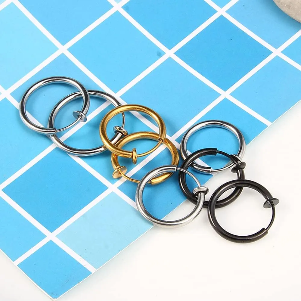 5 Pairs Black Stainless Steel Non-Piercing Spike Rivet Cross Dangle Tassel Clip on Hoop Earrings Set for Women Men Boy Girl, Non Pierced Fake Ear Clip Stud Earrings