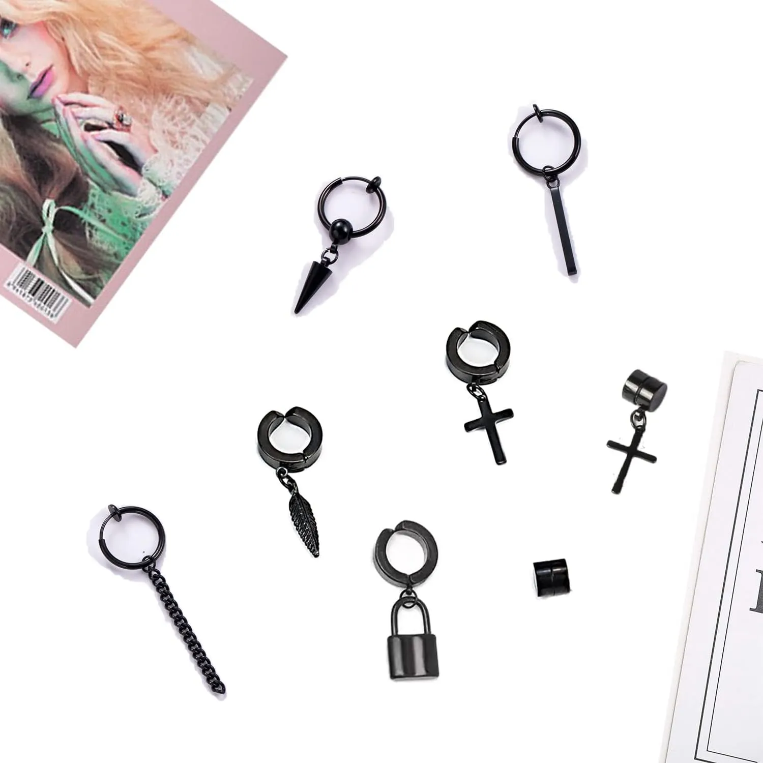 5 Pairs Black Stainless Steel Non-Piercing Spike Rivet Cross Dangle Tassel Clip on Hoop Earrings Set for Women Men Boy Girl, Non Pierced Fake Ear Clip Stud Earrings