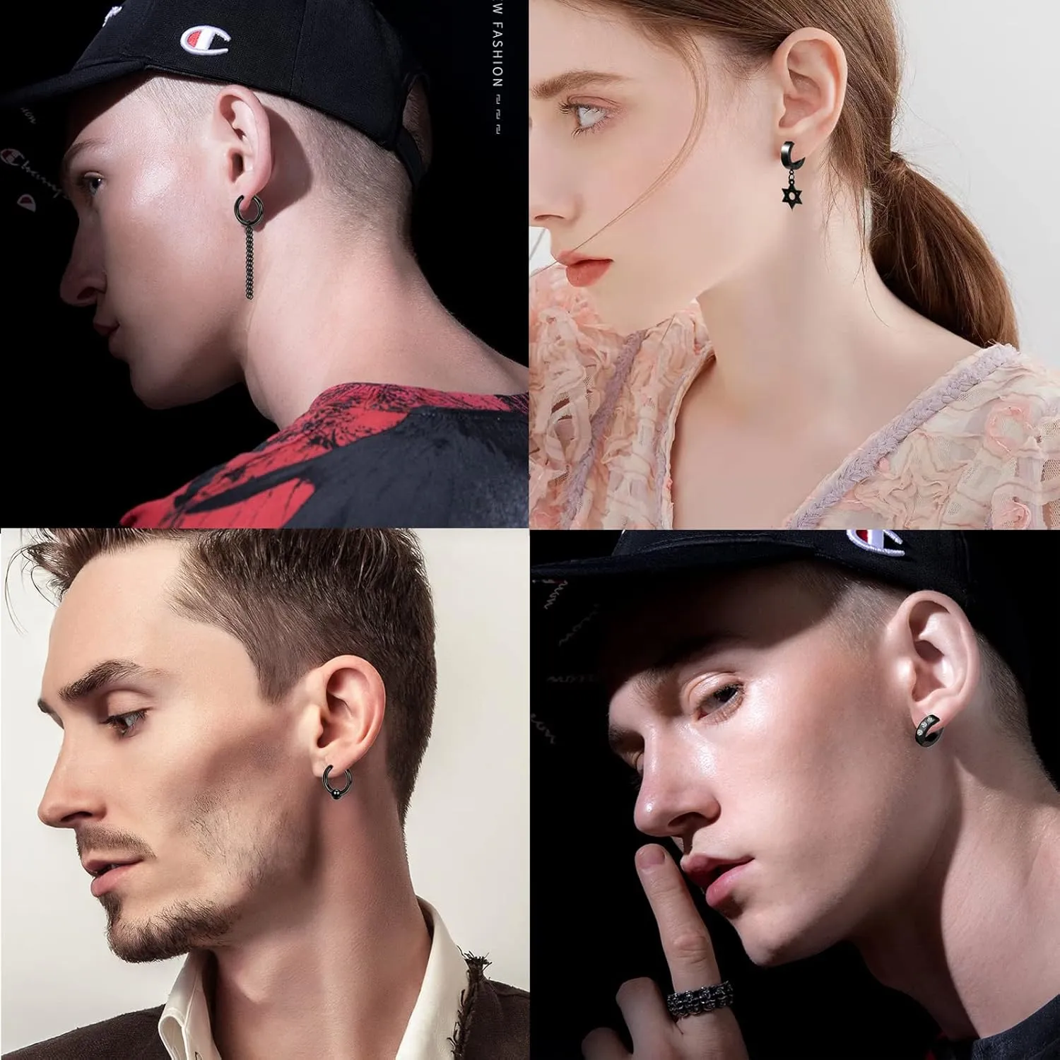 5 Pairs Black Stainless Steel Non-Piercing Spike Rivet Cross Dangle Tassel Clip on Hoop Earrings Set for Women Men Boy Girl, Non Pierced Fake Ear Clip Stud Earrings