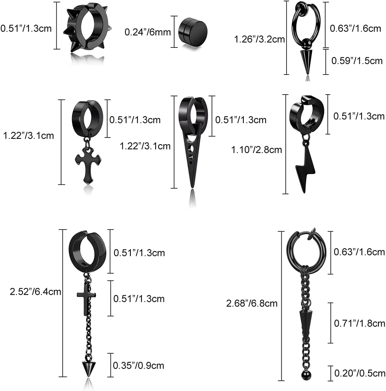 5 Pairs Black Stainless Steel Non-Piercing Spike Rivet Cross Dangle Tassel Clip on Hoop Earrings Set for Women Men Boy Girl, Non Pierced Fake Ear Clip Stud Earrings