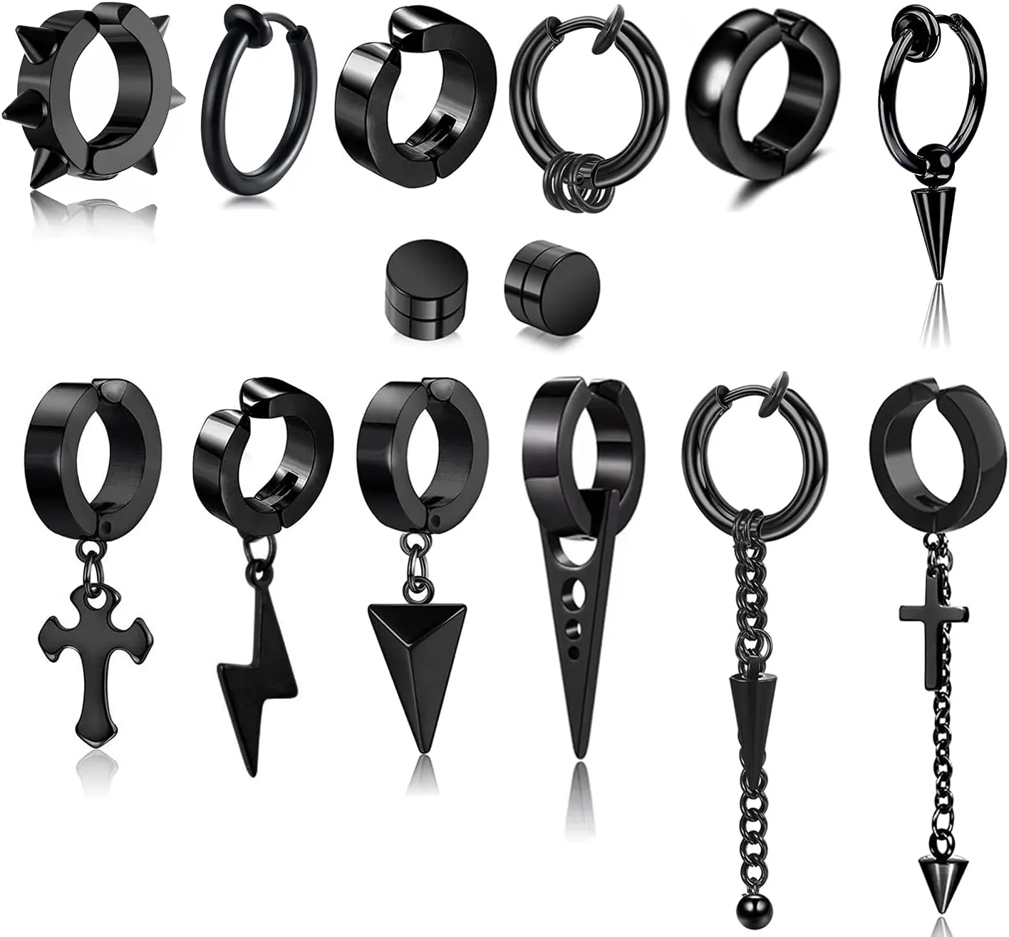 5 Pairs Black Stainless Steel Non-Piercing Spike Rivet Cross Dangle Tassel Clip on Hoop Earrings Set for Women Men Boy Girl, Non Pierced Fake Ear Clip Stud Earrings