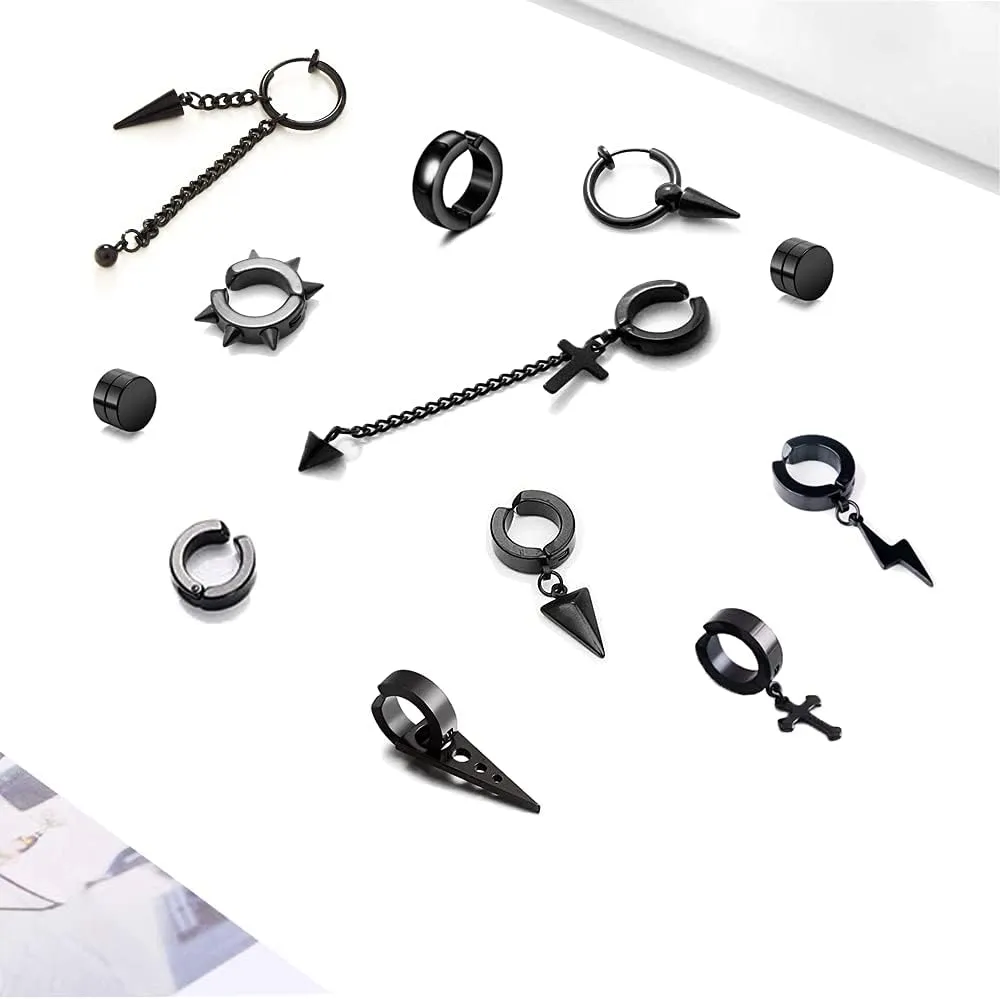 5 Pairs Black Stainless Steel Non-Piercing Spike Rivet Cross Dangle Tassel Clip on Hoop Earrings Set for Women Men Boy Girl, Non Pierced Fake Ear Clip Stud Earrings
