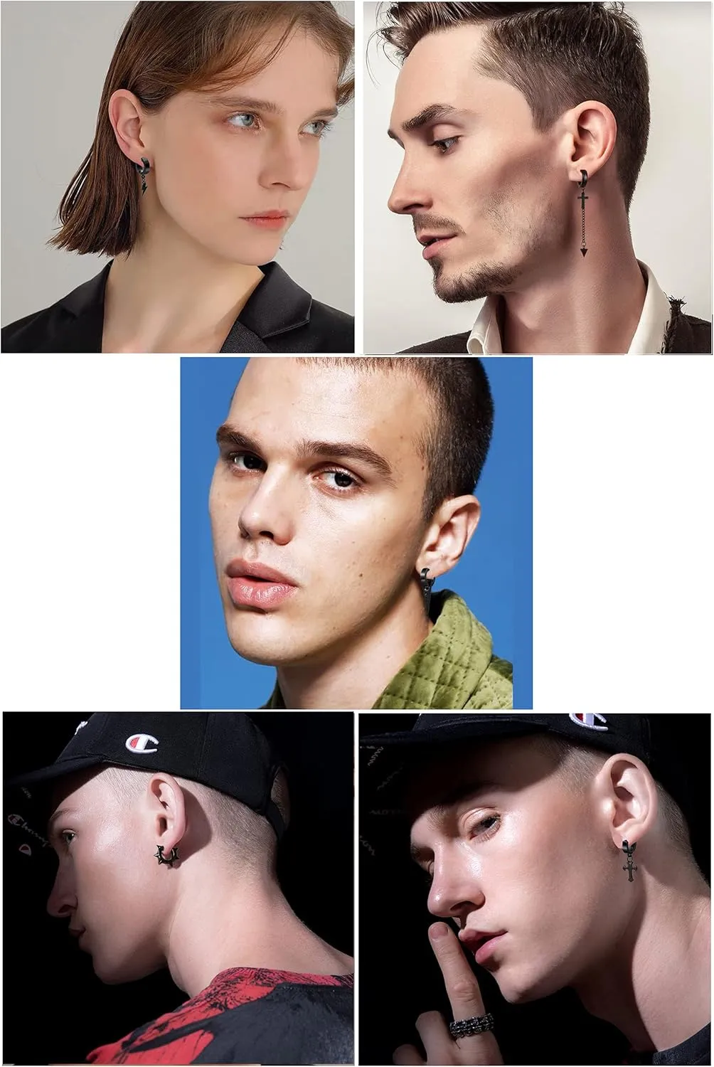 5 Pairs Black Stainless Steel Non-Piercing Spike Rivet Cross Dangle Tassel Clip on Hoop Earrings Set for Women Men Boy Girl, Non Pierced Fake Ear Clip Stud Earrings