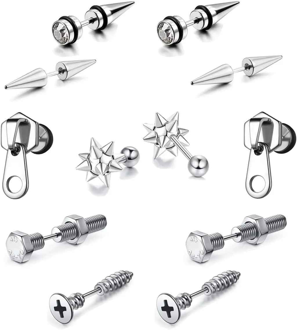 5 Pairs Punk Style Stainless Steel Black Tone Geometric Triangle Rivet Surgical Huggie Hoop Earrings Screw Nail Stud Earrings Gift for Men Women Teen