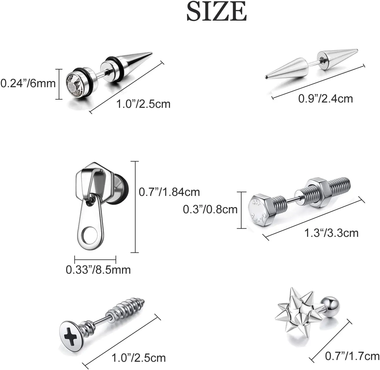 5 Pairs Punk Style Stainless Steel Black Tone Geometric Triangle Rivet Surgical Huggie Hoop Earrings Screw Nail Stud Earrings Gift for Men Women Teen