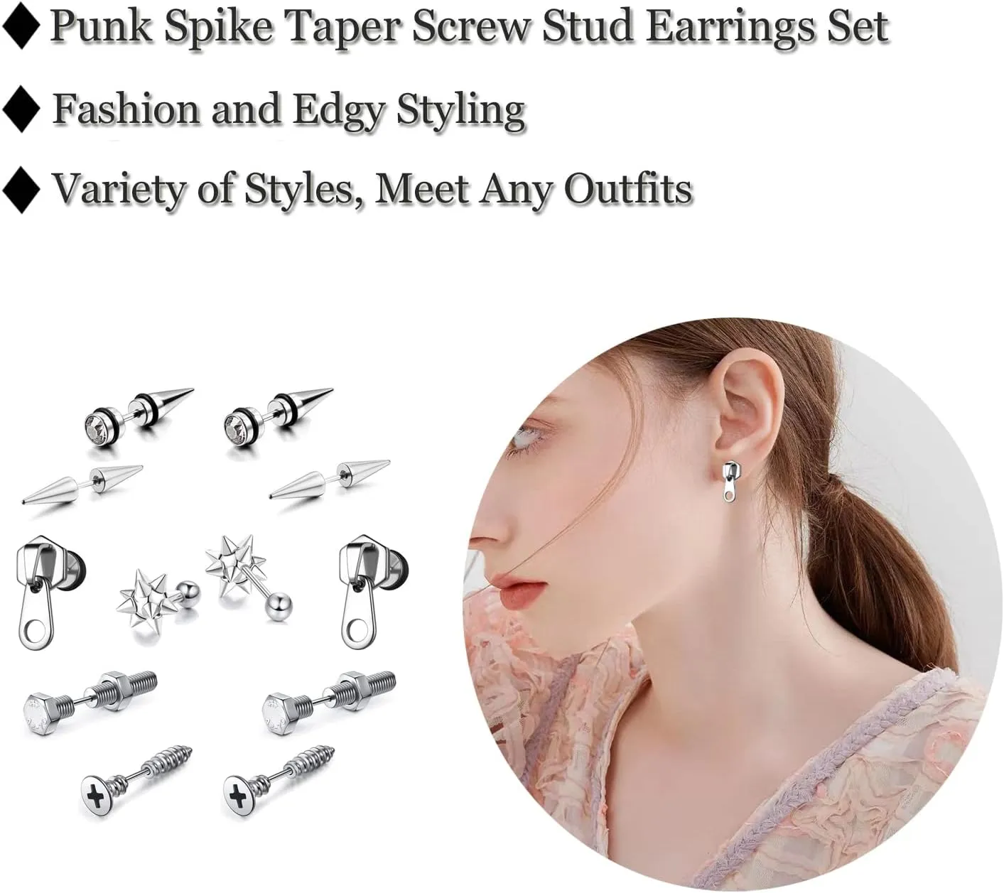 5 Pairs Punk Style Stainless Steel Black Tone Geometric Triangle Rivet Surgical Huggie Hoop Earrings Screw Nail Stud Earrings Gift for Men Women Teen