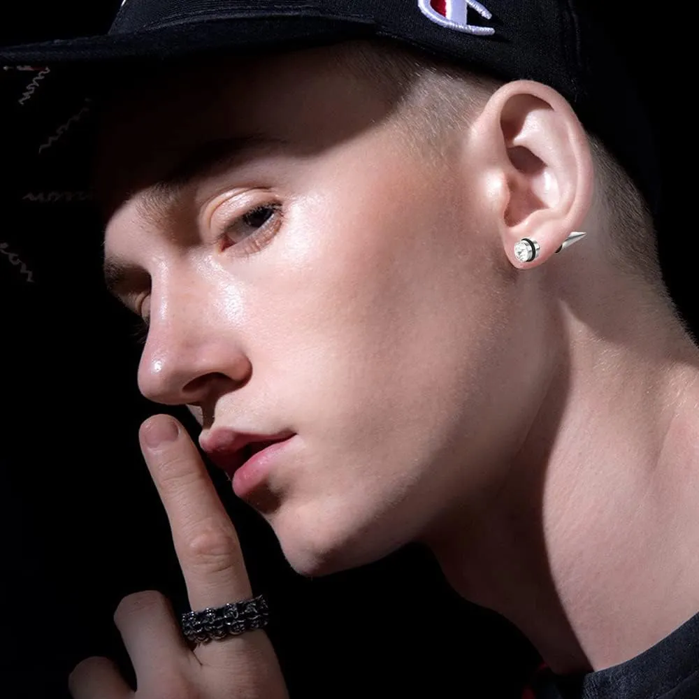 5 Pairs Punk Style Stainless Steel Black Tone Geometric Triangle Rivet Surgical Huggie Hoop Earrings Screw Nail Stud Earrings Gift for Men Women Teen