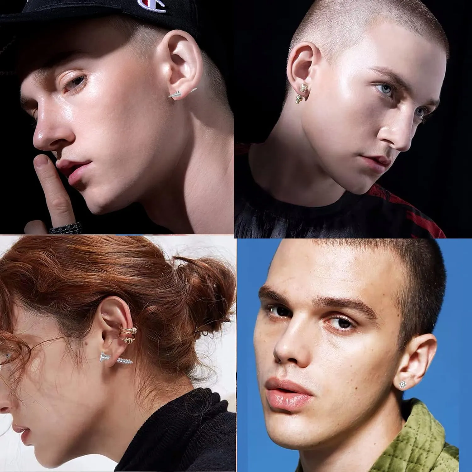 5 Pairs Punk Style Stainless Steel Black Tone Geometric Triangle Rivet Surgical Huggie Hoop Earrings Screw Nail Stud Earrings Gift for Men Women Teen