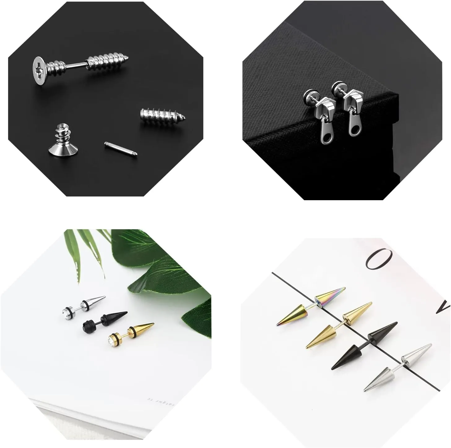 5 Pairs Punk Style Stainless Steel Black Tone Geometric Triangle Rivet Surgical Huggie Hoop Earrings Screw Nail Stud Earrings Gift for Men Women Teen
