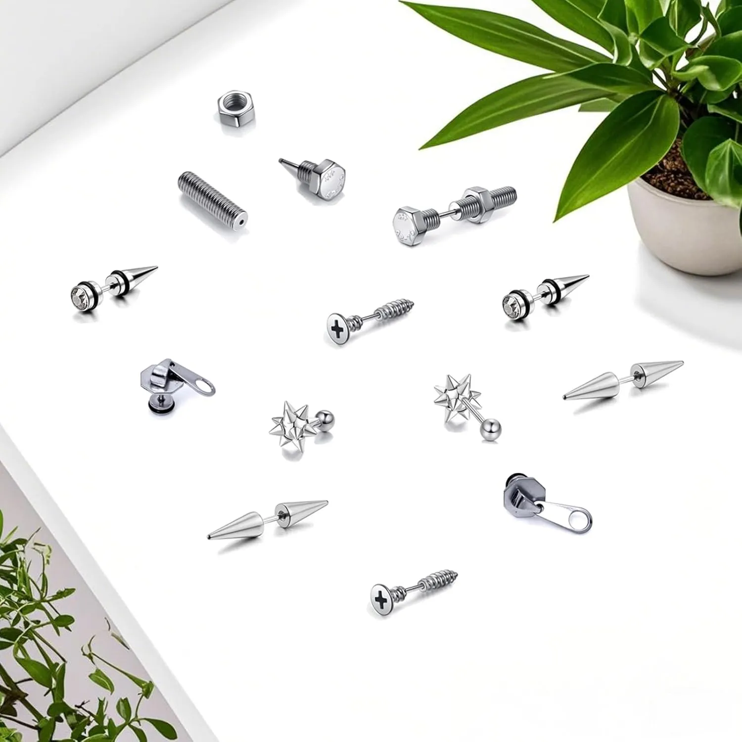 5 Pairs Punk Style Stainless Steel Black Tone Geometric Triangle Rivet Surgical Huggie Hoop Earrings Screw Nail Stud Earrings Gift for Men Women Teen