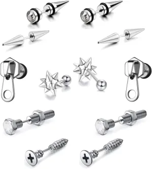 5 Pairs Punk Style Stainless Steel Black Tone Geometric Triangle Rivet Surgical Huggie Hoop Earrings Screw Nail Stud Earrings Gift for Men Women Teen