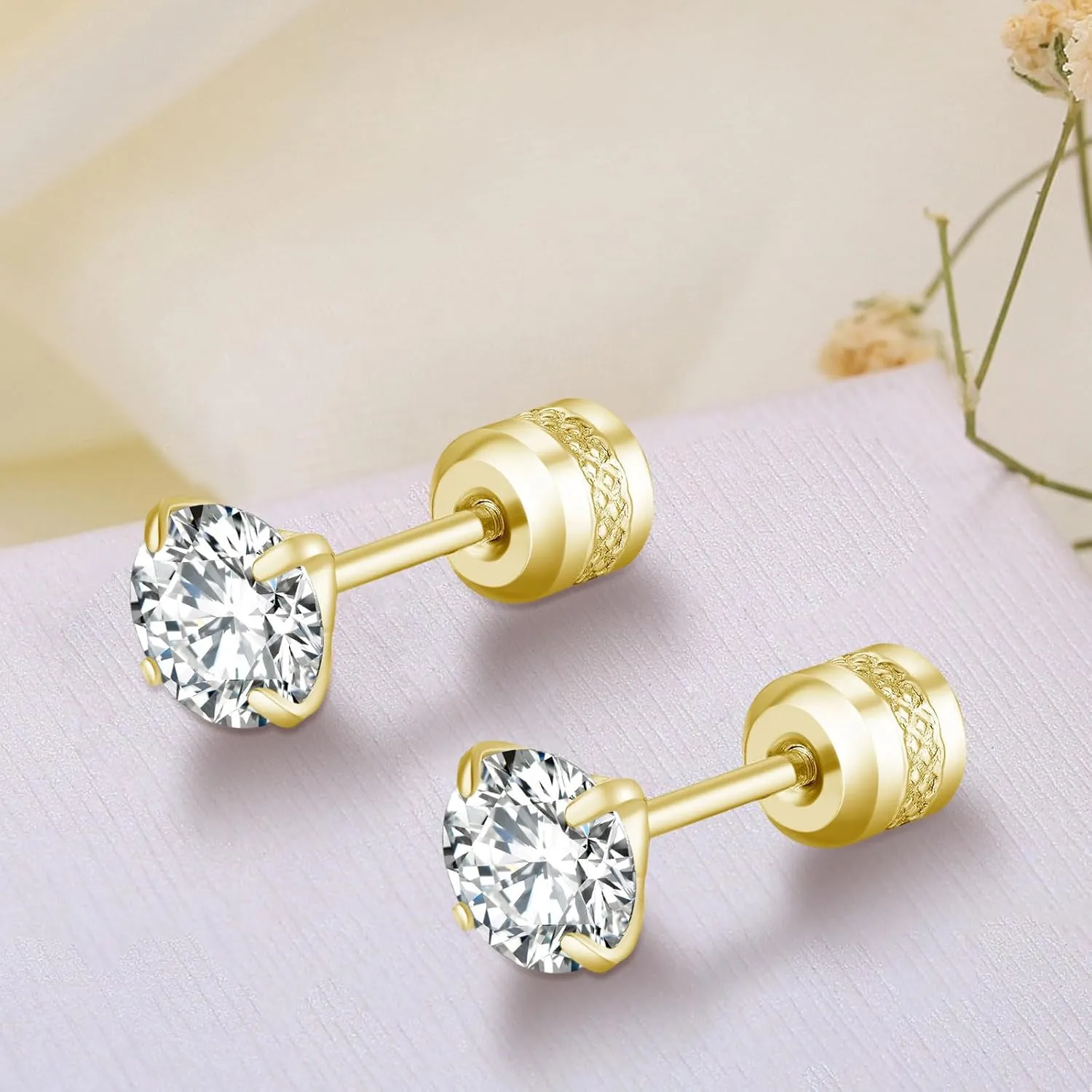 5MM Tiny CZ Screw On Flat Back Stud Earrings for Women Men Girls,14K Gold Plated Stud Earrings Unisex,Dainty Double Sided Round Cubic Zirconia Earrings Lightweight Hypoallergenic Jewelry Gifts