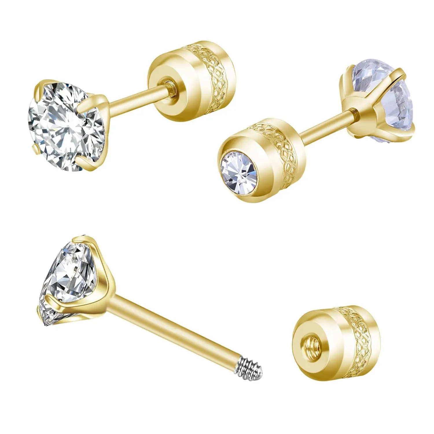 5MM Tiny CZ Screw On Flat Back Stud Earrings for Women Men Girls,14K Gold Plated Stud Earrings Unisex,Dainty Double Sided Round Cubic Zirconia Earrings Lightweight Hypoallergenic Jewelry Gifts