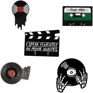 5pcs Record Phonograph Enamel Pin Retro Music Theme Lapel Pin Rock Brooches Magnetic Tape Badge Pins for Clothing Bags Jackets Accessory