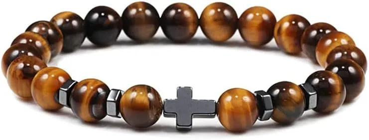 6mm 8mm Women Men Prayer Beaded Bracelet Hematite Cross Natural Wood Beads Lava Stone Onyx Meditation Bracelets Yoga Jewelry RK69I (8mm Tiger eye)