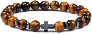 6mm 8mm Women Men Prayer Beaded Bracelet Hematite Cross Natural Wood Beads Lava Stone Onyx Meditation Bracelets Yoga Jewelry RK69I (8mm Tiger eye)