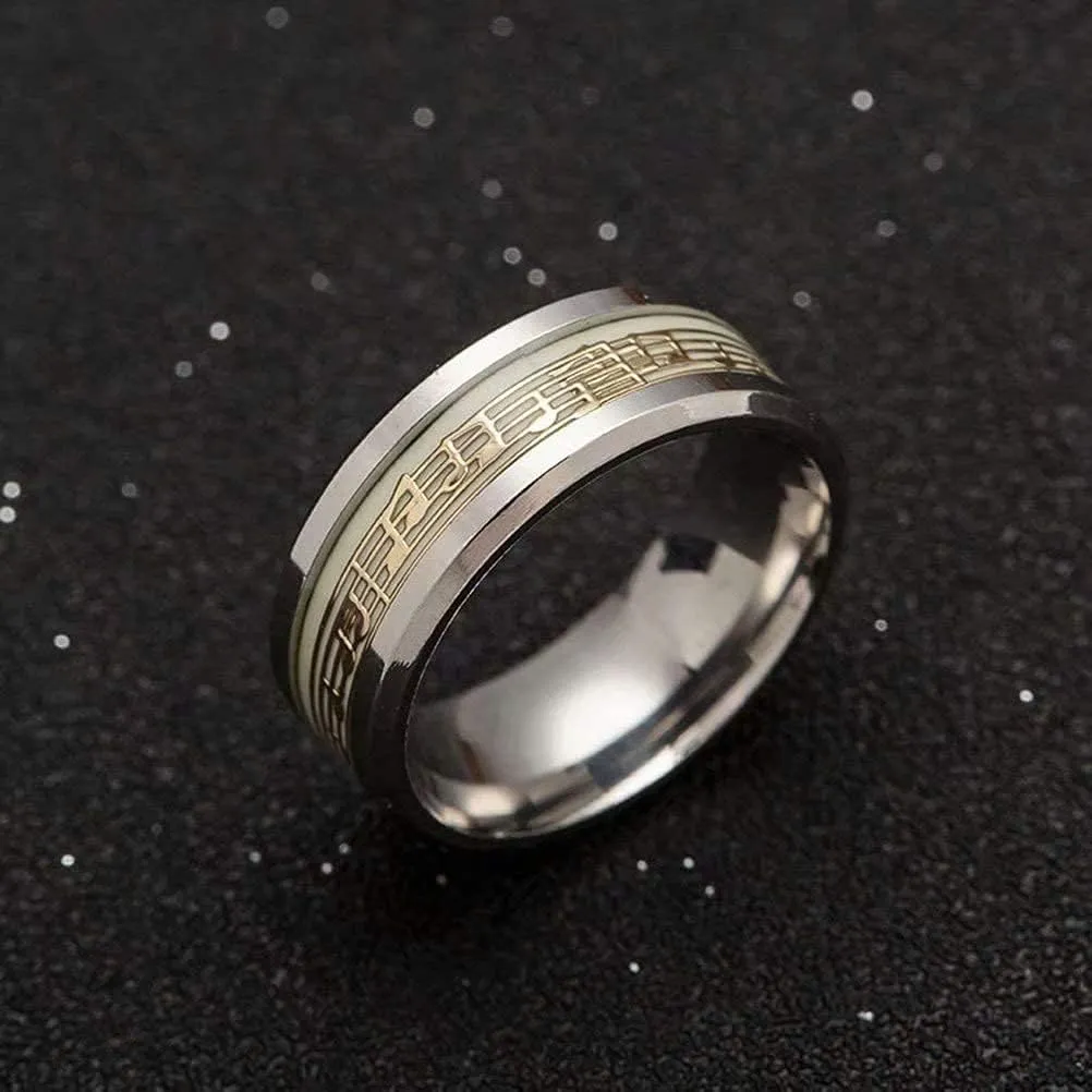 8mm 316L Stainless Steel Sheet Music Note Glow in The Dark Ring Luminous Effect Music Piano Ring,