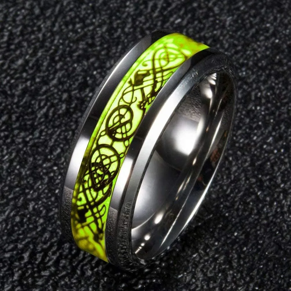 8mm Mens Luminous Glow Celtic Dragon Wedding Ring Glowing Dragon Comfort Fit Wedding Ring Glow in The Dark Jewelry,