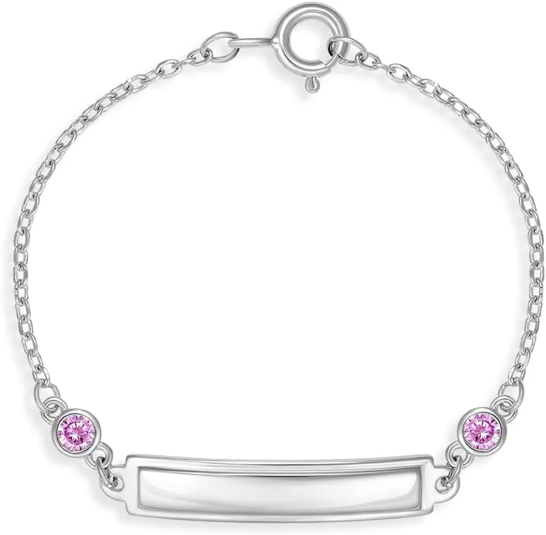 925 Sterling Silver 4.5" Baby Girl Tag ID Bracelet Cubic Zirconias & Identification Name Plate. Stunning CZ Bracelets for Infants & Babies - Small Tag ID Bracelet for Babies