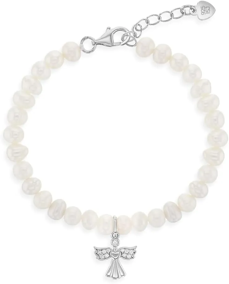 925 Sterling Silver Adjustable Cultured Pearl Guardian Angel Bracelet for Babies & Young Girls - Stunning White Pearl Bracelets for Girls - Beautiful Angel Charm Bracelet for your Little Girls