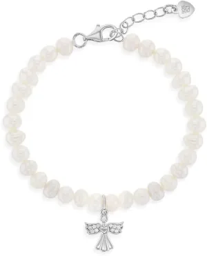 925 Sterling Silver Adjustable Cultured Pearl Guardian Angel Bracelet for Babies & Young Girls - Stunning White Pearl Bracelets for Girls - Beautiful Angel Charm Bracelet for your Little Girls