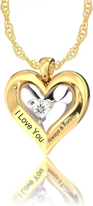 925 Sterling Silver I Love You Always & Forever Pendant with 18K gold plated 18" Loose Rope Chain Lobster Claw Clasp and Round 1mm White Diamond in Bezel Setting Drop Dangle Necklace