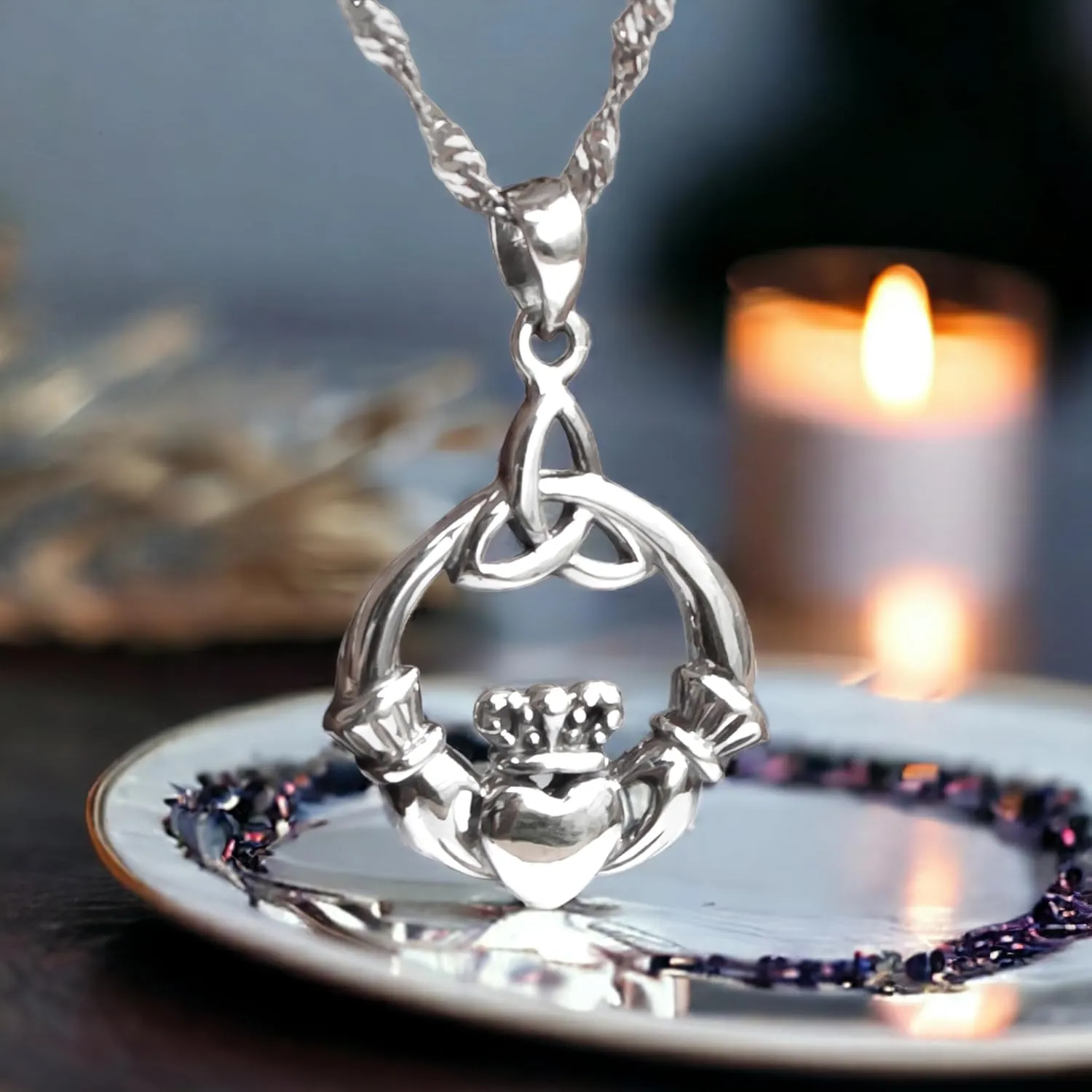 925 Sterling Silver Irish Claddagh Necklace - Trinity Celtic Knot Pendant with 20" Inch Chain - Hands Holding Heart Crown Charm - Love Celtic Jewelry for Women Girls (Sterling Silver)