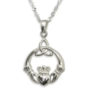 925 Sterling Silver Irish Claddagh Necklace - Trinity Celtic Knot Pendant with 20" Inch Chain - Hands Holding Heart Crown Charm - Love Celtic Jewelry for Women Girls (Sterling Silver)