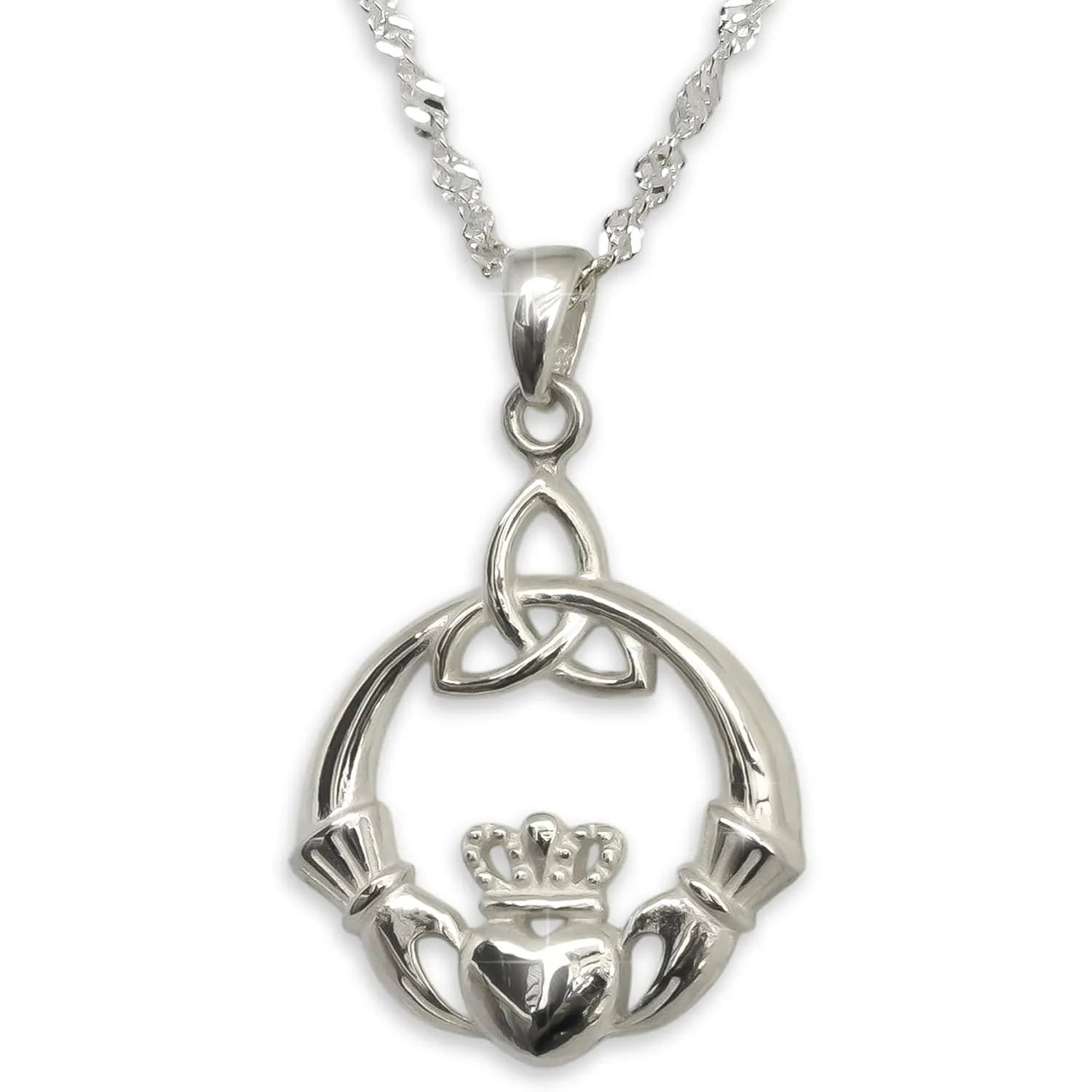 925 Sterling Silver Irish Claddagh Necklace - Trinity Celtic Knot Pendant with 20" Inch Chain - Hands Holding Heart Crown Charm - Love Celtic Jewelry for Women Girls (Sterling Silver)