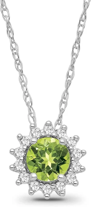 925 Sterling Silver Round-shape Diamond and Peridot Halo Pendant Chain Necklace for Women (1/10 cttw, I-J Color, I2-I3 Clarity) 18"