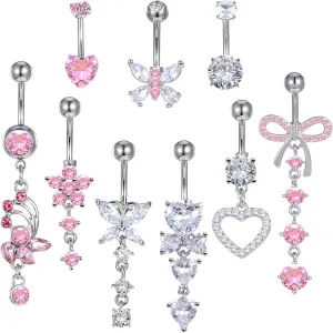9Pcs Long Belly Button Rings,14G Stainless Steel Diamond Belly Rings For Women,Pendant Navel piercing Jewelry with Butterfly