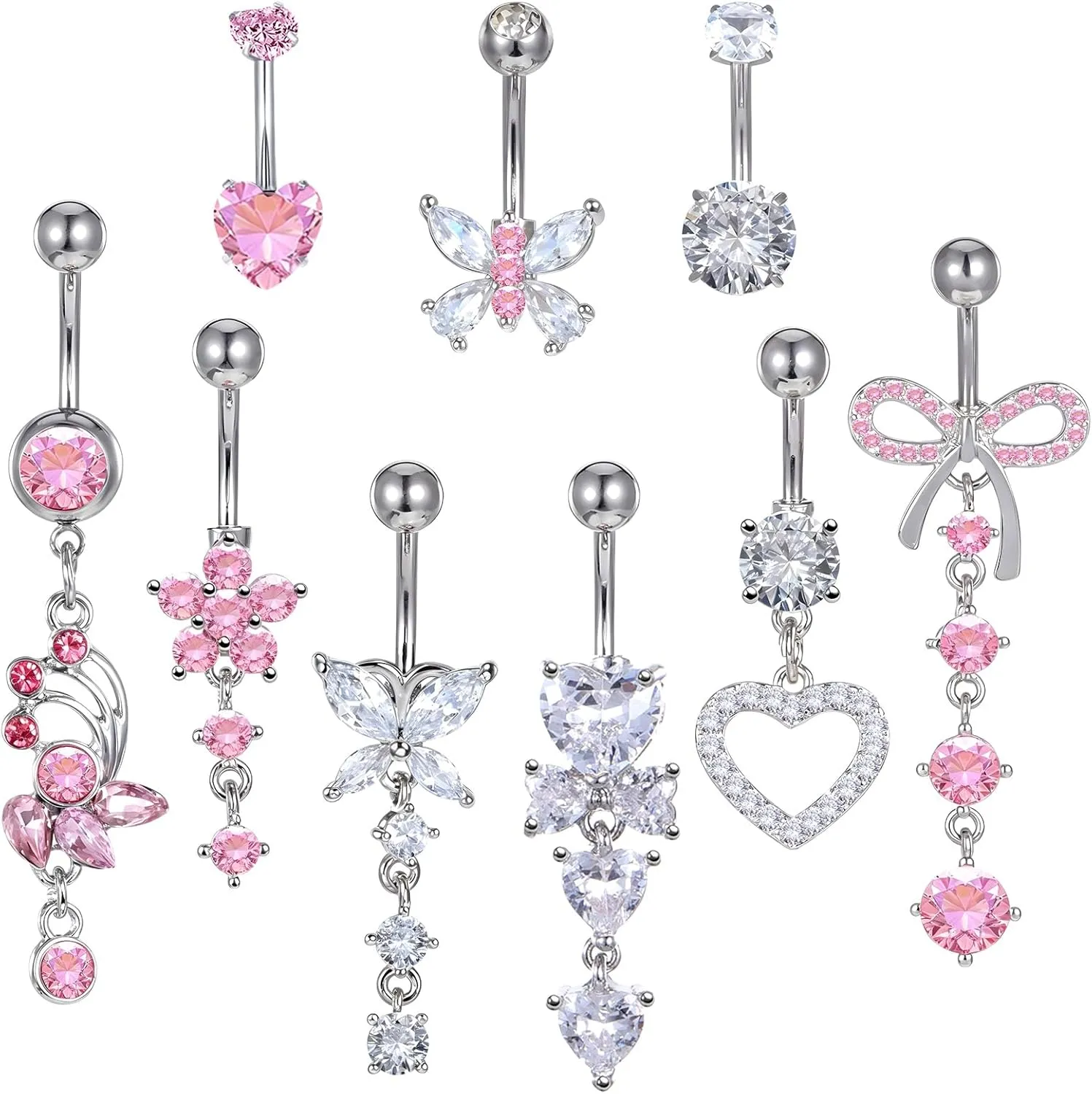 9Pcs Long Belly Button Rings,14G Stainless Steel Diamond Belly Rings For Women,Pendant Navel piercing Jewelry with Butterfly