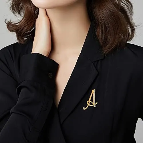 A-Z Lette Brooch 26 Initial Pins Gold Plated Metal Brooches - Clear Crystal Rhinestone Brooch Breastpin for Women