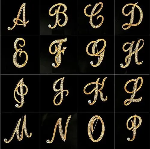 A-Z Lette Brooch 26 Initial Pins Gold Plated Metal Brooches - Clear Crystal Rhinestone Brooch Breastpin for Women