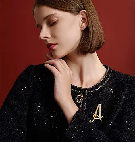 A-Z Lette Brooch 26 Initial Pins Gold Plated Metal Brooches - Clear Crystal Rhinestone Brooch Breastpin for Women