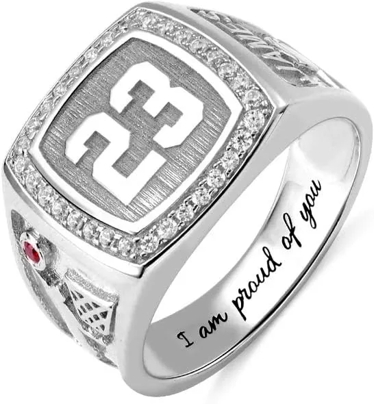 AILIN Custom Basketball Rings 925 Sterling Silver Personalized Engraving Lucky Number Name Birthstone Rings Fathers Day Sport Lovers Fans Jewelry Birthday Gifts For Men Dad