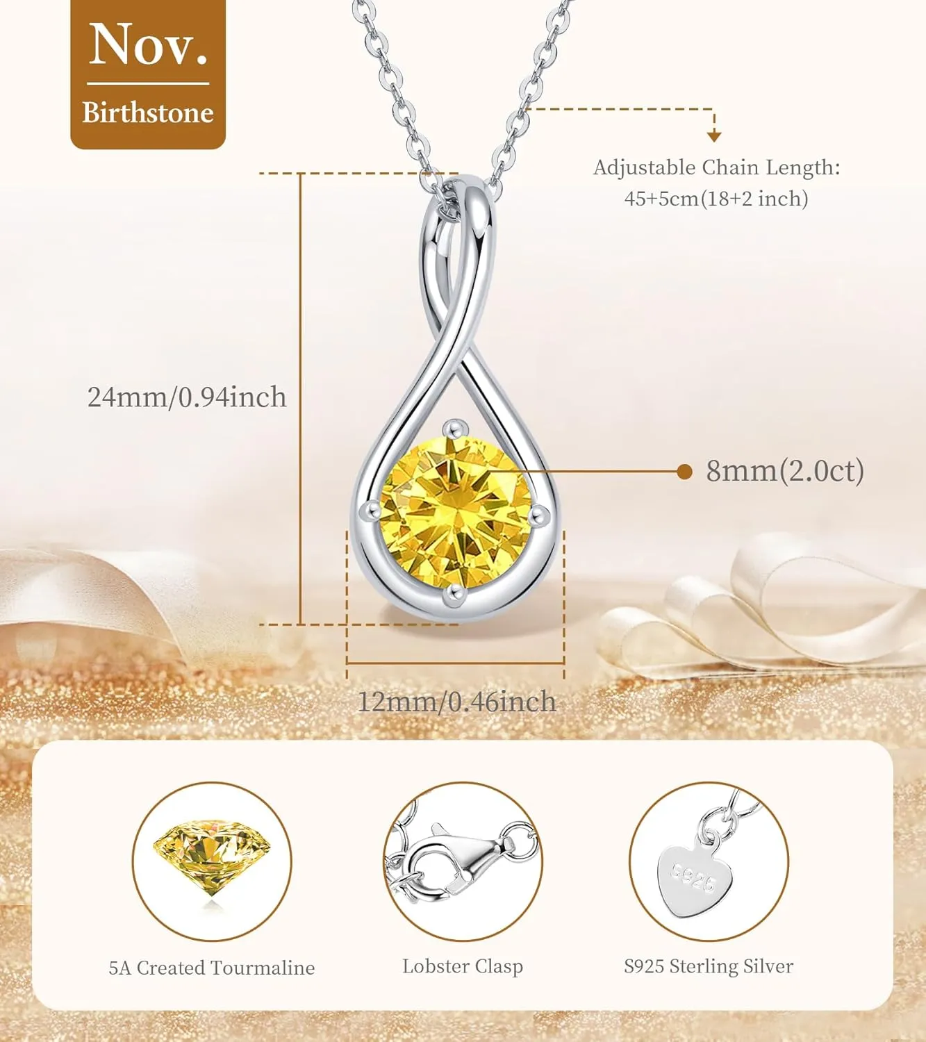 AINUOSHI Birthstone Necklace for Women Sterling Silver 2CT Genuine or Created Gemstone Dainty Infinity Pendant Necklace Fine Jewelry Anniversary Birthday Christmas Mothers Day Gifts for Mom Wife