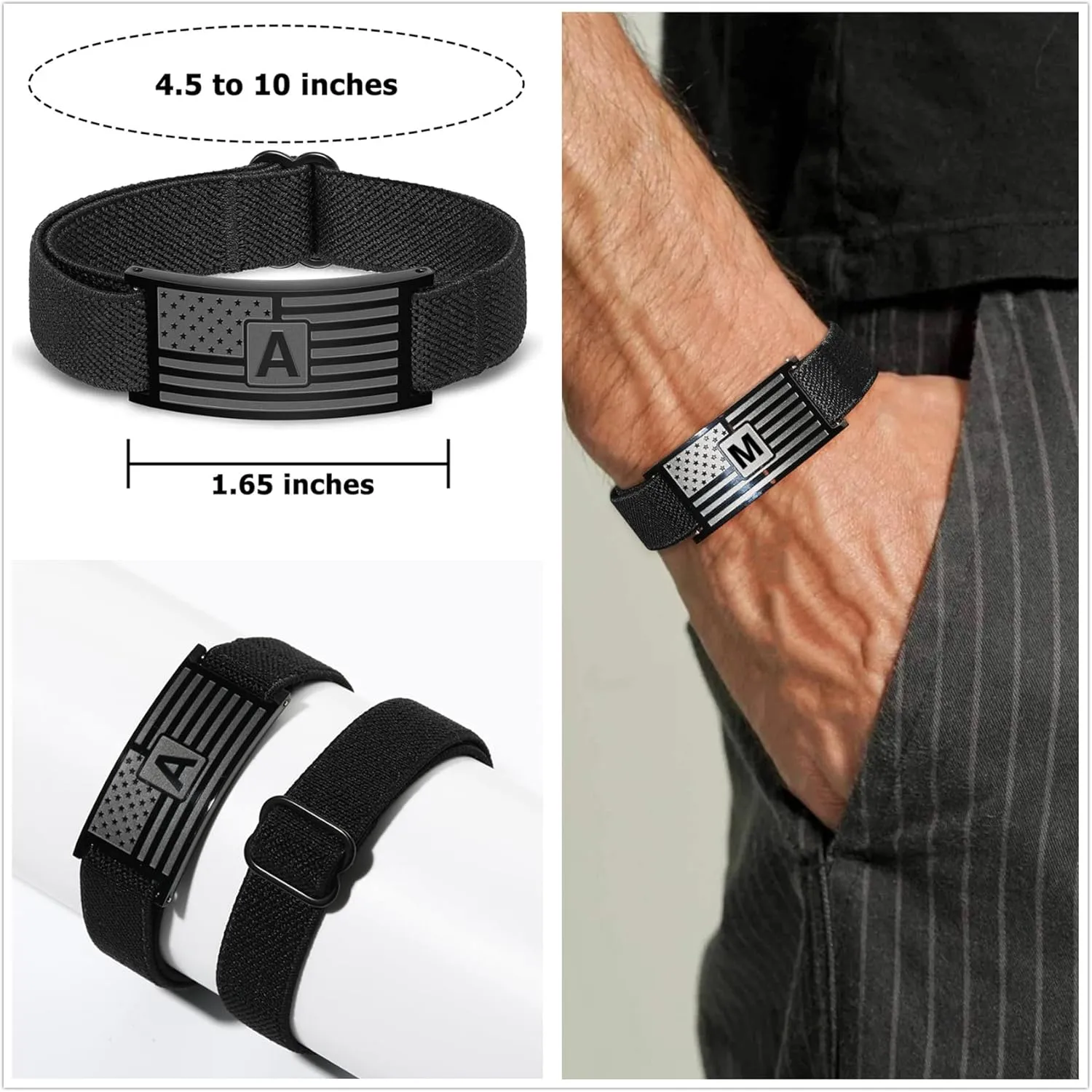 American Flag Initial Bracelet for Men Boys, Stainless Steel A-Z Letter Charm Bracelets Adjustable Patriotic Jewelry Graduation Gifts for Kids Teen Boy