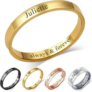 Anavia Personalized Name Date 2.5MM/4MM/7MM Stainless Steel Rings, Customized Message Dainty Plain Bands Glossy Gold Black Rings, Wedding Engagement Rings for Women Men