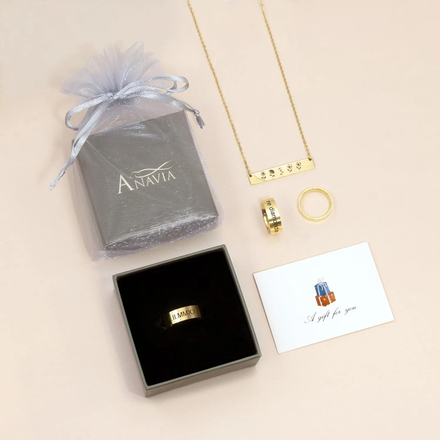 Anavia Personalized Name Date 2.5MM/4MM/7MM Stainless Steel Rings, Customized Message Dainty Plain Bands Glossy Gold Black Rings, Wedding Engagement Rings for Women Men