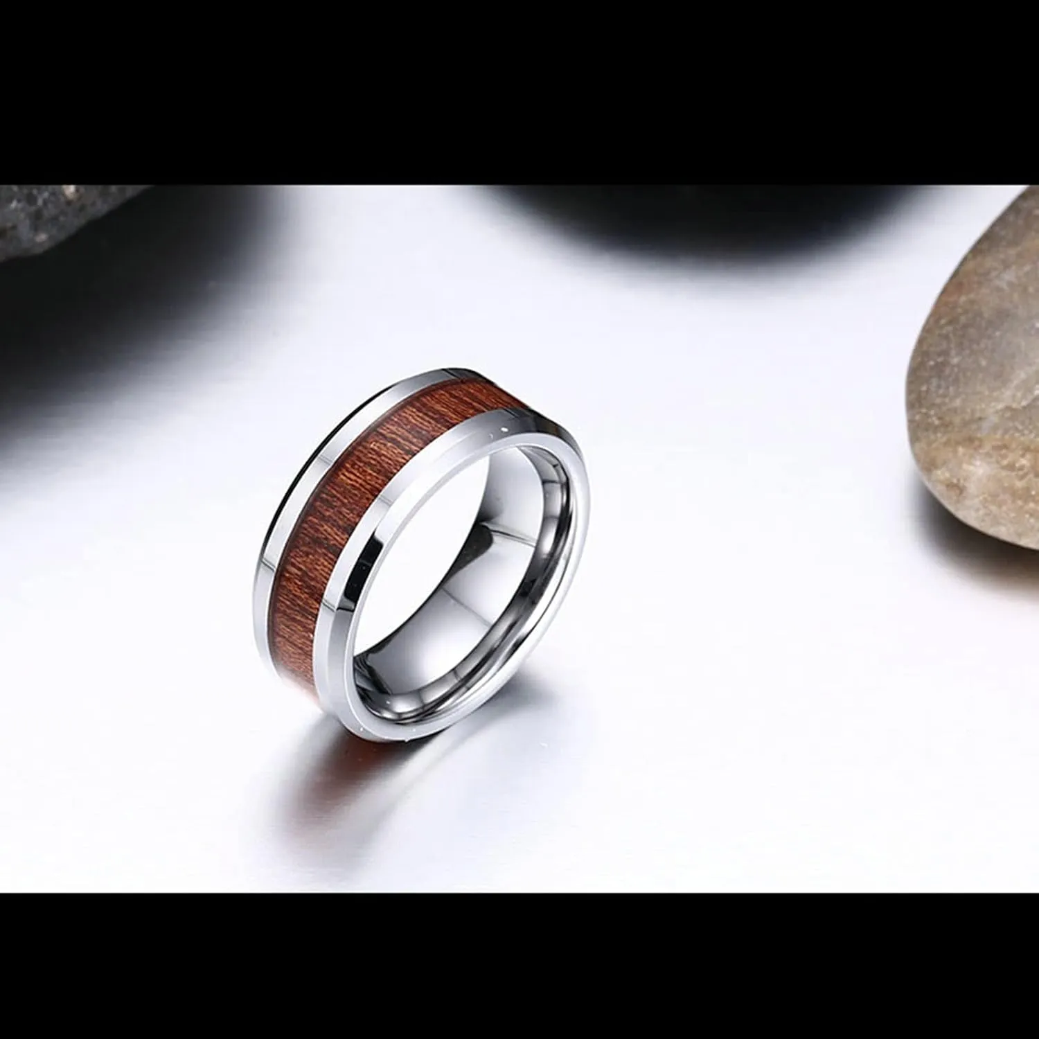ANAZOZ Tungsten Wedding Band Sets for Couples, Wood Inlay 8MM Silver Ring Bands for Engagement