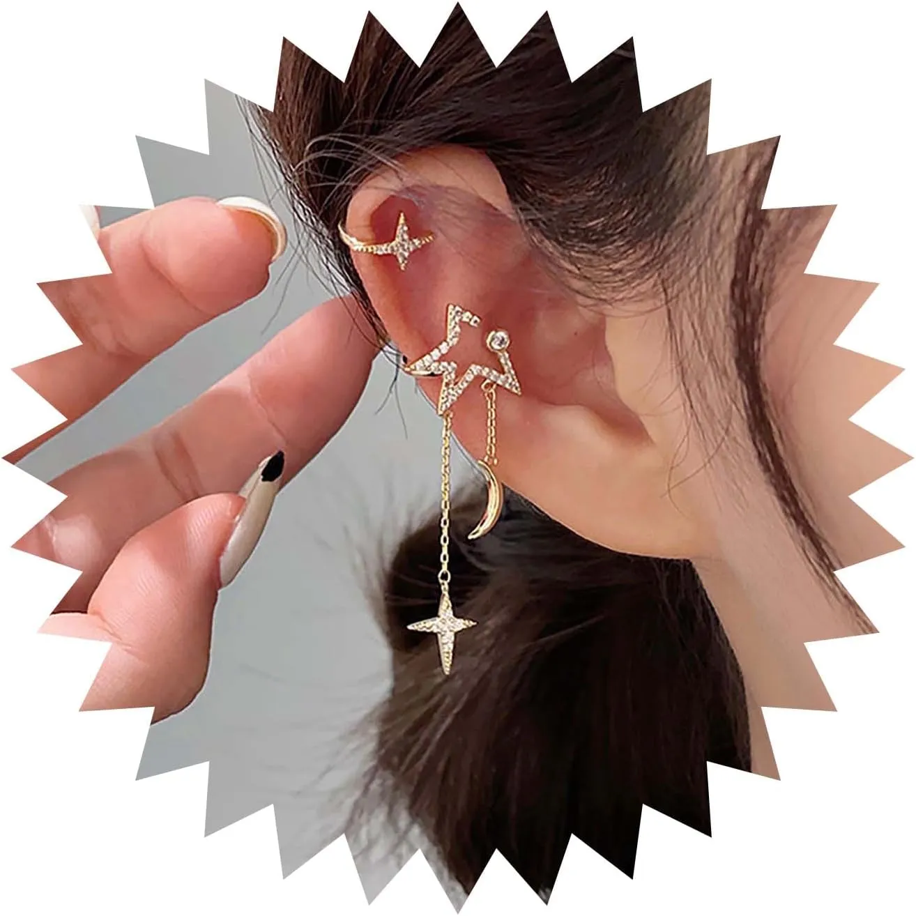 Andelaisi Boho Crystal Star Ear Cuff Earrings Vintage CZ Star Cuff On Earrings Gold Moon Star Tassel Chain Earrings Star No Piercing Clip On Earrings Jewelry for Women