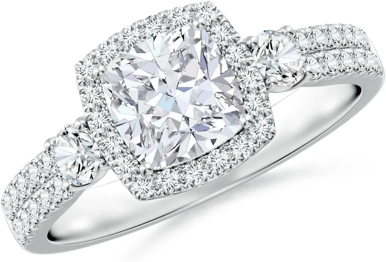 Angara Cushion Lab Grown Diamond Halo Double Shank Engagement Ring in 14K Solid Gold/Platinum | April Birthstone, Birthday, Anniversary, Wedding Jewelry Gift for Women