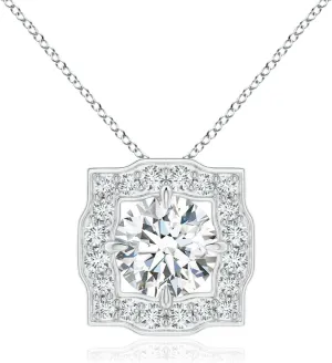 Angara Lab Grown Art Deco Inspired Round Diamond Halo Solitaire Pendant in 14K Solid Gold/Platinum | April Birthstone, Birthday, Engagement, Anniversary, Wedding Jewelry Gift for Women