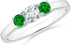 Angara Lab Grown Classic Round Diamond and Emerald Three Stone Ring in 14K Solid Gold/Platinum | April Birthstone, Birthday, Engagement, Anniversary, Wedding Jewelry Gift for Women