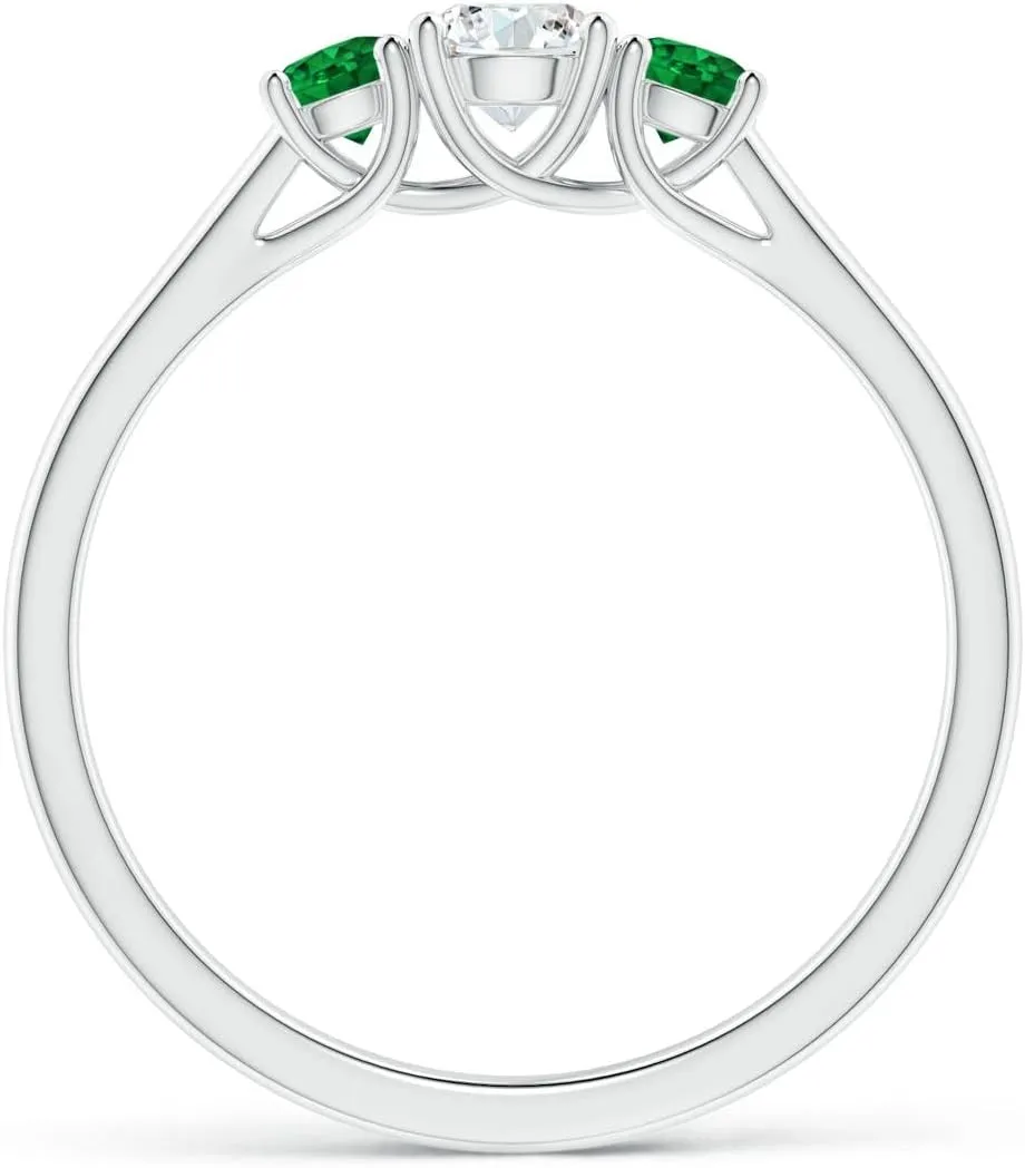Angara Lab Grown Classic Round Diamond and Emerald Three Stone Ring in 14K Solid Gold/Platinum | April Birthstone, Birthday, Engagement, Anniversary, Wedding Jewelry Gift for Women