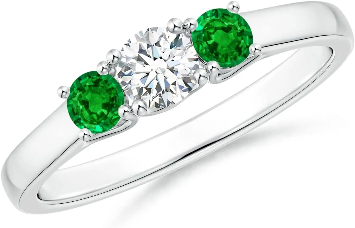Angara Lab Grown Classic Round Diamond and Emerald Three Stone Ring in 14K Solid Gold/Platinum | April Birthstone, Birthday, Engagement, Anniversary, Wedding Jewelry Gift for Women
